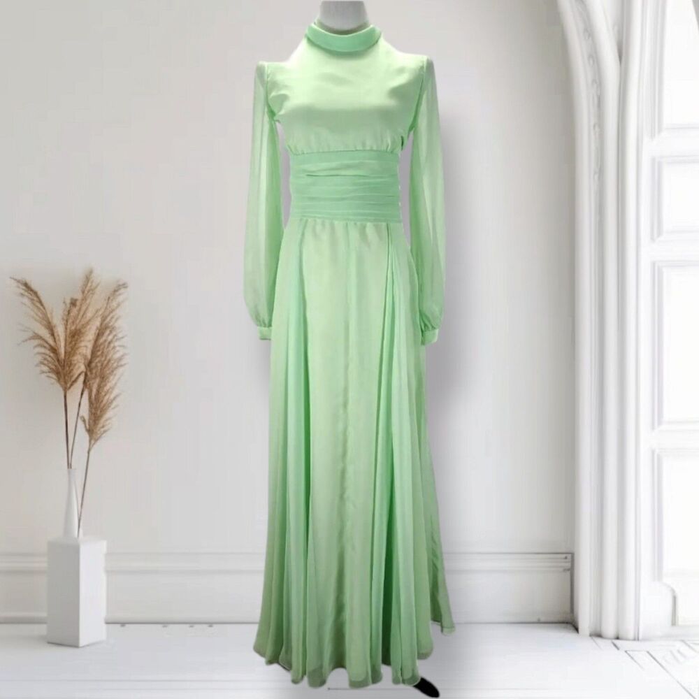 Vintage 70s Mint Green Chiffon Formal Dress Size 4 Bishop Sleeve Rolled Collar